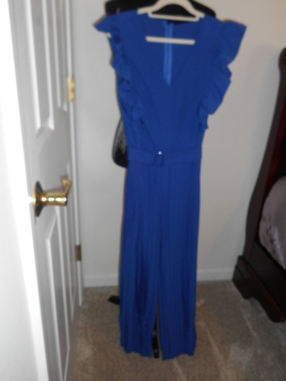 Shein curve blue pleated, ruffles, belted V-neck jumpsuit 1XL